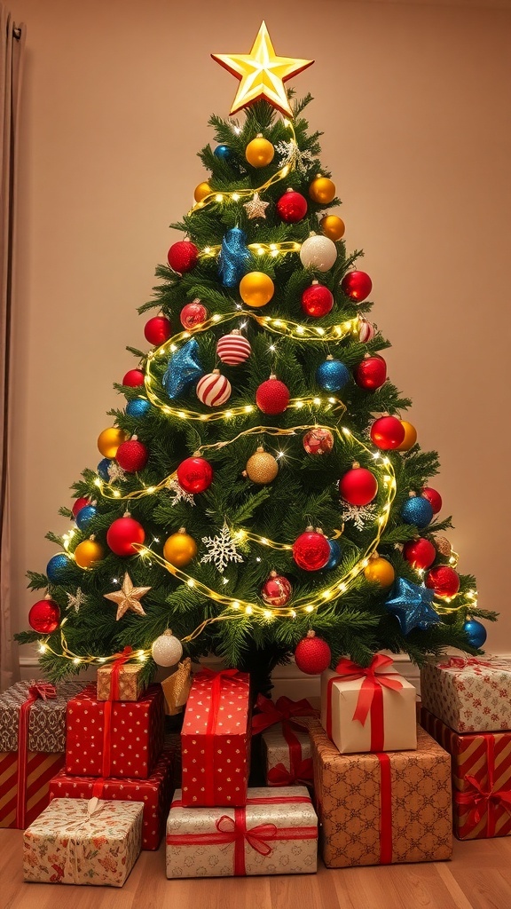 Christmas Tree with Presents Decoration Guide A decorated Christmas tree with lights and ornaments, surrounded by wrapped presents.